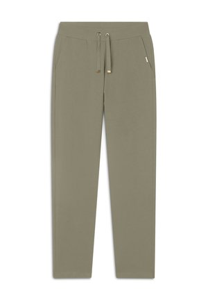 Pantaloni jogger verde oliva chiaro realizzati in tessuto morbido, dotati di vita elastica con cordino, tasche laterali e design a gamba dritta.