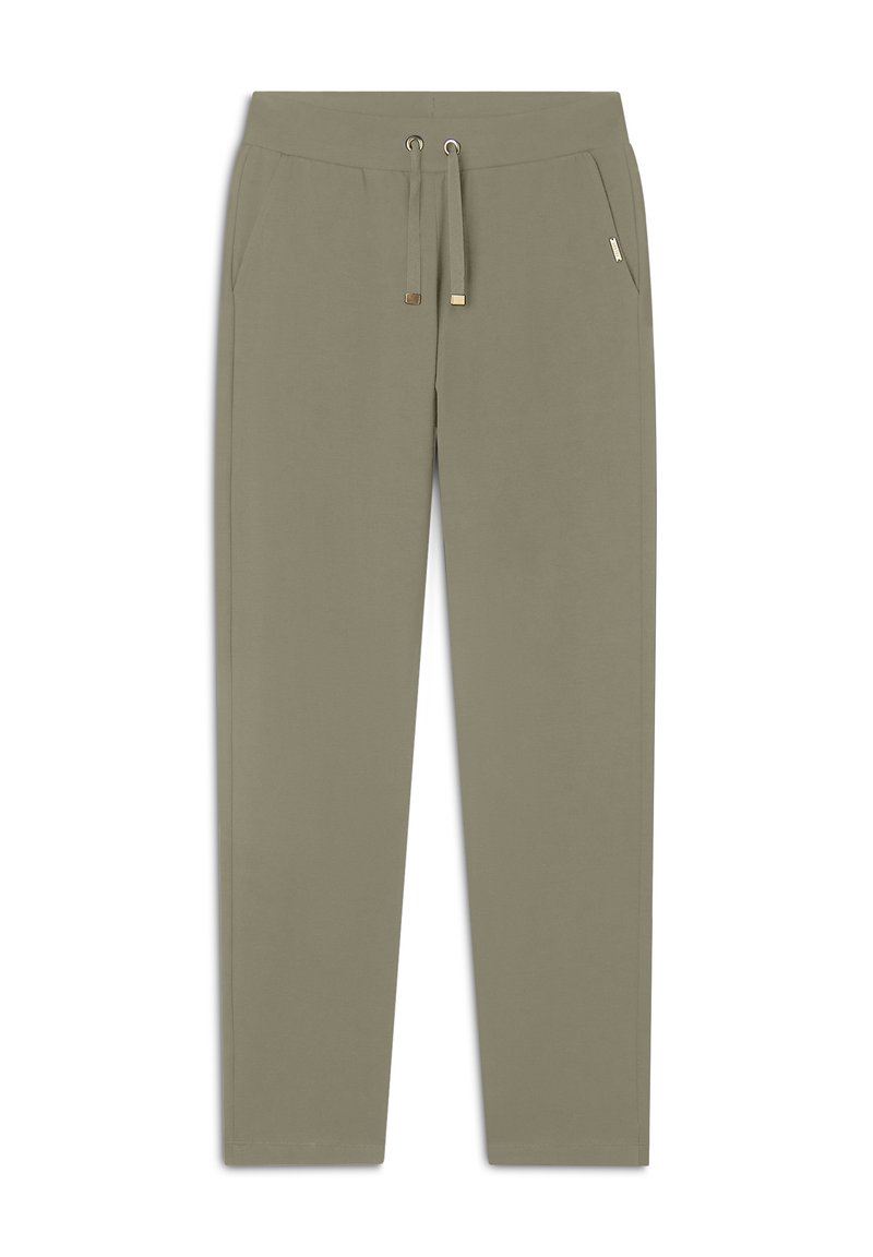Pantalons joggers vert olive clair en tissu doux, avec une taille élastique et un cordon de serrage, des poches latérales et une coupe droite.