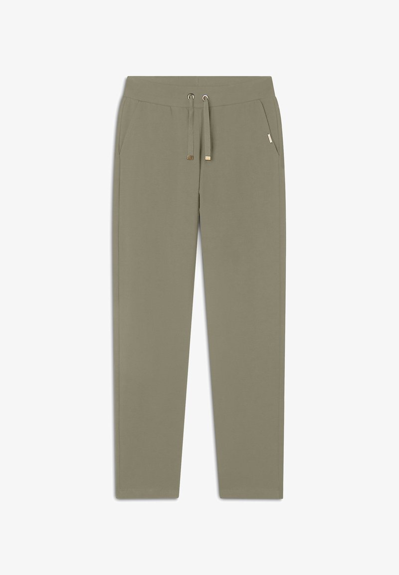 Pantalons joggers vert olive clair en tissu doux, avec une taille élastique et un cordon de serrage, des poches latérales et une coupe droite.