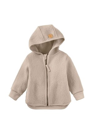 Beige Fleecejacke für Kleinkinder mit Kapuze, Frontreißverschluss, gerippten Bündchen und einem kleinen braunen Etikett an der Kapuze.