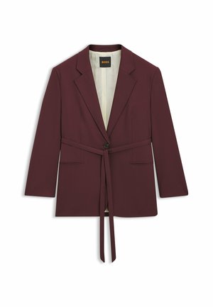 Blazer bordeaux avec ceinture à nouer, col à revers et manches longues. Comprend deux poches avant et une doublure intérieure lisse.