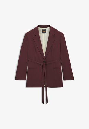 Blazer bordeaux avec ceinture à nouer, col à revers et manches longues. Comprend deux poches avant et une doublure intérieure lisse.