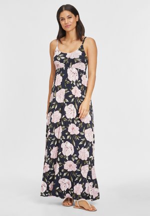 Maxikleid aus marineblauem Stoff mit pinkfarbenem Blumenmuster, Spaghettiträgern und einem figurbetonten Oberteil mit schwingendem Rock.
