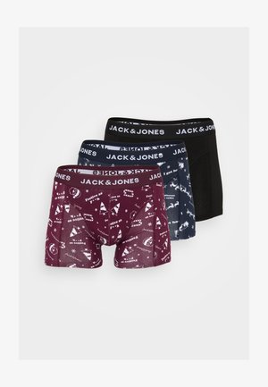 Conjunto de roupa interior masculina com três pares: burgundy com estampados festivos, azul escuro com design branco e preto sólido. Cintura elástica.