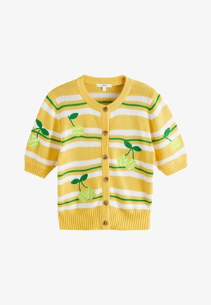 Cardigan galben cu mâneci scurte, cu dungi orizontale albe și verzi și modele verzi de fructe cu frunze, încheiat cu nasturi pe față.
