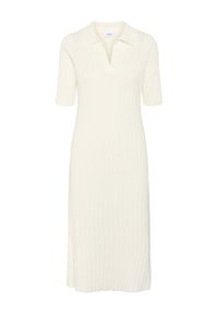 Robe en maille de couleur écru, dotée d'un col polo, de manches courtes et d'une texture à côtes verticales. Design longueur genou avec une silhouette ajustée.