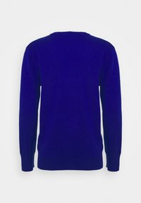 Królewsko niebieski sweter z okrągłym dekoltem i długimi rękawami. Gładka faktura oraz ściągacze przy mankietach i na dole. Widok od tyłu.