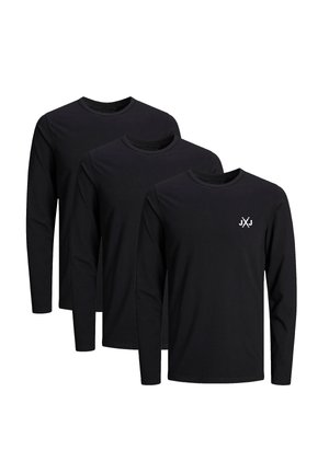 Three long-sleeve black t-shirts with round necklines and subtle white logo on the chest. Smooth cotton fabric, conventional fit.