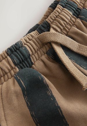 Bruine en donkergroene gestreepte shorts met elastische tailleband, voorzien van een gestructureerde strik en verzameld stof, die een casual ontwerp tonen.