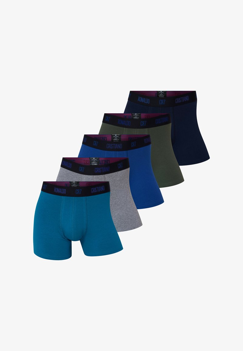Men's boxer briefs in teal, grey, dark blue, navy, and olive, featuring a contrasting black waistband with CR7 branding. Soft, stretchy fabric.