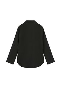 Chemise noire à manches longues avec col, vue de dos, présentant un ourlet incurvé et un tissu simple et lisse.