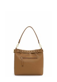 Pruun nahast käekott tekstuurse pinnaga, kaunistatud rihm kuldsete detailidega ja esiküljel lukuaukuga taskuga.