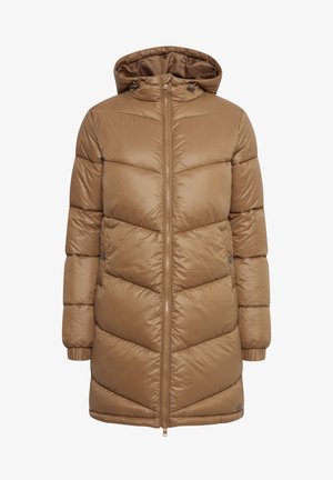 Bruine donsjacket met capuchon, voorzien van een chevron-quiltpatroon, ritssluiting, zijzakken en elastische manchet voor warmte en comfort.