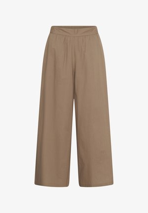 Laiade lõikega, kõrgvöökohaga lühikesed püksid helepruunis toonis, kummist vöökohaga ja õrnade eesmiste voltidega.