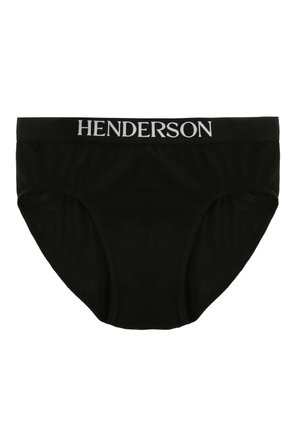 Czarne majtki wykonane z miękkiego materiału, z szerokim elastycznym pasem w kolorze białym, na którym widnieje logo "HENDERSON". Mają gładką fakturę i klasyczny krój.