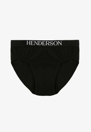 Schwarze Unterhose aus weichem Stoff, mit einem breiten elastischen Bund, auf dem das Logo "HENDERSON" in Weiß prangt, glatte Textur und klassischer Schnitt.