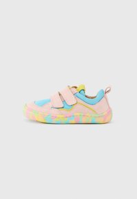 Laced sneakers with pink suede and blue mesh upper, featuring two Velcro straps, yellow accents, and a multi-colored rubber sole.