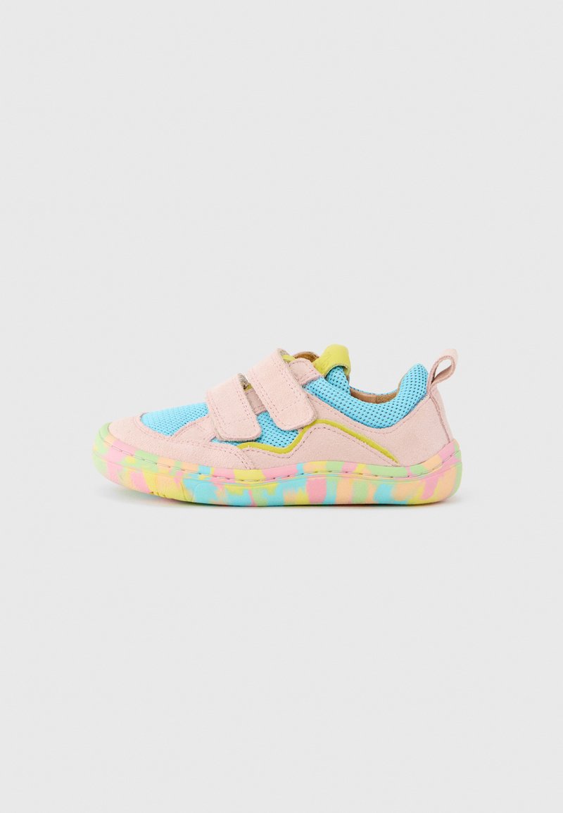 Laced sneakers with pink suede and blue mesh upper, featuring two Velcro straps, yellow accents, and a multi-colored rubber sole.