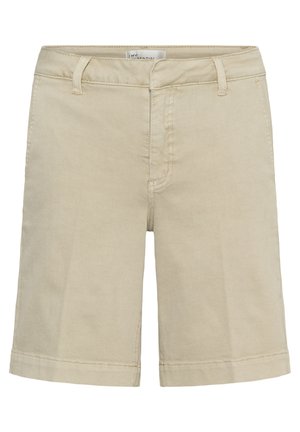 Beige knielange Baumwollshorts mit Gürtelschlaufen, vorderem Reißverschluss und Knopfverschluss sowie sichtbaren Nahtdetails.