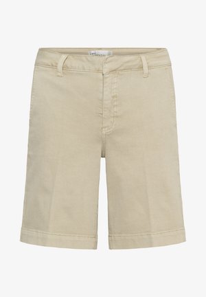 Beige knielange Baumwollshorts mit Gürtelschlaufen, vorderem Reißverschluss und Knopfverschluss sowie sichtbaren Nahtdetails.