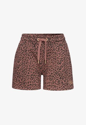 Leopardenmuster-Shorts in Mauve. Mit elastischem Bund und verstellbarem Kordelzug sowie goldenen Hardware-Details. Weicher Stoff.
