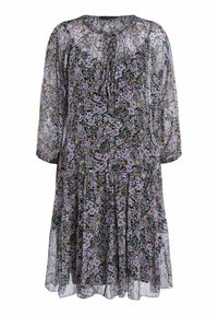 Robe fleurie en tissu transparent, avec un col arrondi, des manches longues et une jupe à volants ornée de fleurs violettes et jaunes sur un fond sombre.