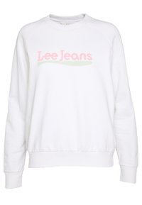 Felpa bianca con logo "Lee Jeans" in rosa e verde, polsini e orlo a coste, e scollo rotondo con maniche a raglan.