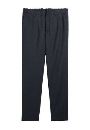 Elastic waist dark gray textured trousers with front button and belt loops, straight leg design.