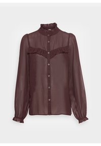 Bordeaux gennemsigtig bluse med lange ærmer, høj flæsekant ved halsen, frontflæse detalje og knaplukning. Har elastiske manchetter og en afslappet pasform.