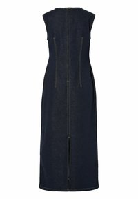 Μίντι φόρεμα από σκούρο τζιν χωρίς μανίκια με φερμουάρ πίσω, κάθετες ραφές και μικρή σχισμή στην πίσω πλευρά στο τελείωμα.