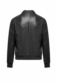 Giubbotto bomber in pelle nera con una texture liscia, polsini e orlo a coste, e un taglio semplice e pulito. Nessuna ferramenta o decorazione visibile.