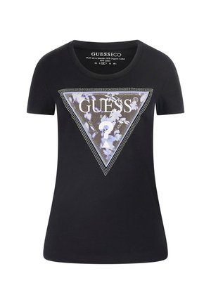 T-shirt nera a maniche corte con grafica triangolare che presenta il logo "GUESS", decorazioni scintillanti e un motivo floreale all'interno del triangolo.