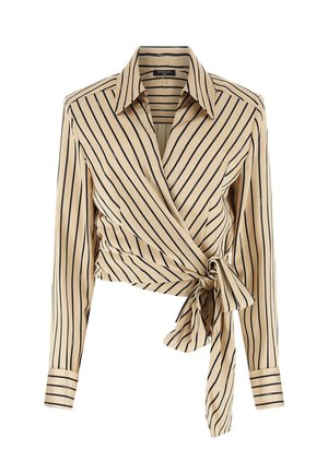 Beige wikkelblouse met zwarte verticale strepen, lange mouwen, een puntige kraag en een zijknoop aan de taille.