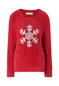 Roter flauschiger Pullover mit einem silbernen Pailletten-Schneeflocken-Design in der Mitte. Runde Ausschnittform und lange Ärmel. Weiche Textur.
