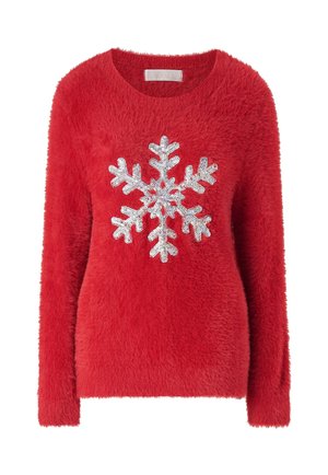 Roter flauschiger Pullover mit einem silbernen Pailletten-Schneeflocken-Design in der Mitte. Runde Ausschnittform und lange Ärmel. Weiche Textur.