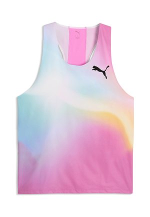 Débardeur sportif sans manches avec un dégradé rose, bleu et jaune et un logo Puma noir sur la poitrine.