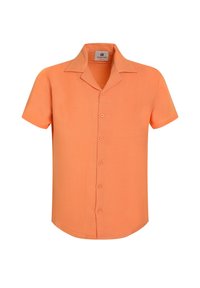 Camisa naranja de manga corta en una tela texturizada, con un cuello clásico y seis botones en la parte delantera, que ofrece un ajuste relajado.