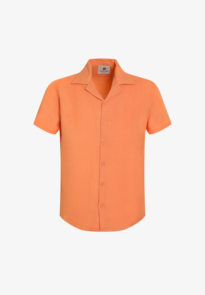 Camisa naranja de manga corta en una tela texturizada, con un cuello clásico y seis botones en la parte delantera, que ofrece un ajuste relajado.