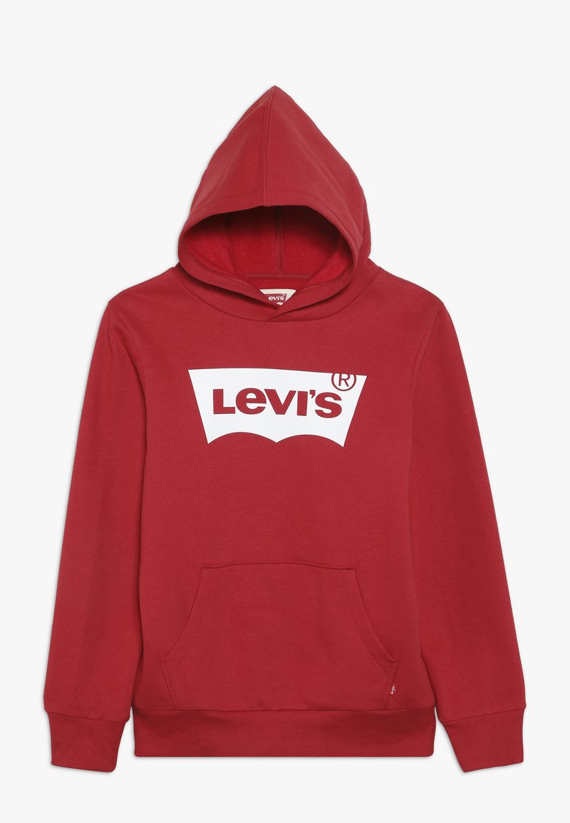 Czerwona bawełniana bluza z kapturem z kieszenią z przodu, z dużym białym logo Levi's na klatce piersiowej i sznurkiem do regulacji kaptura. Gładka tekstura.