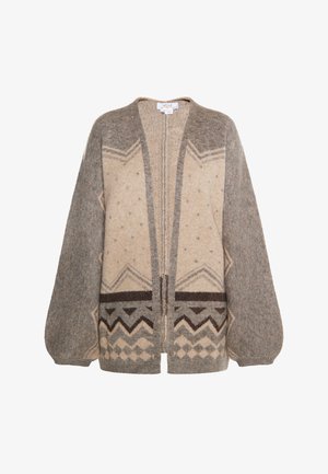 Strikket cardigan i beige og grå nuancer med geometriske mønstre. Har en afslappet pasform, klokkeærmer og et åbent frontdesign.
