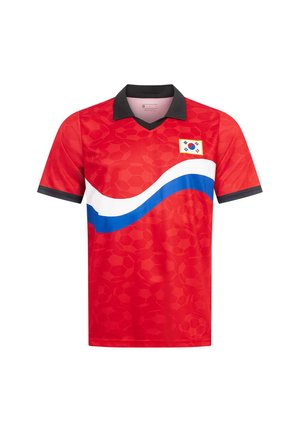 Red short-sleeve soccer jersey with black collar and cuffs, white and blue wavy stripes across front, and South Korean flag on left chest.