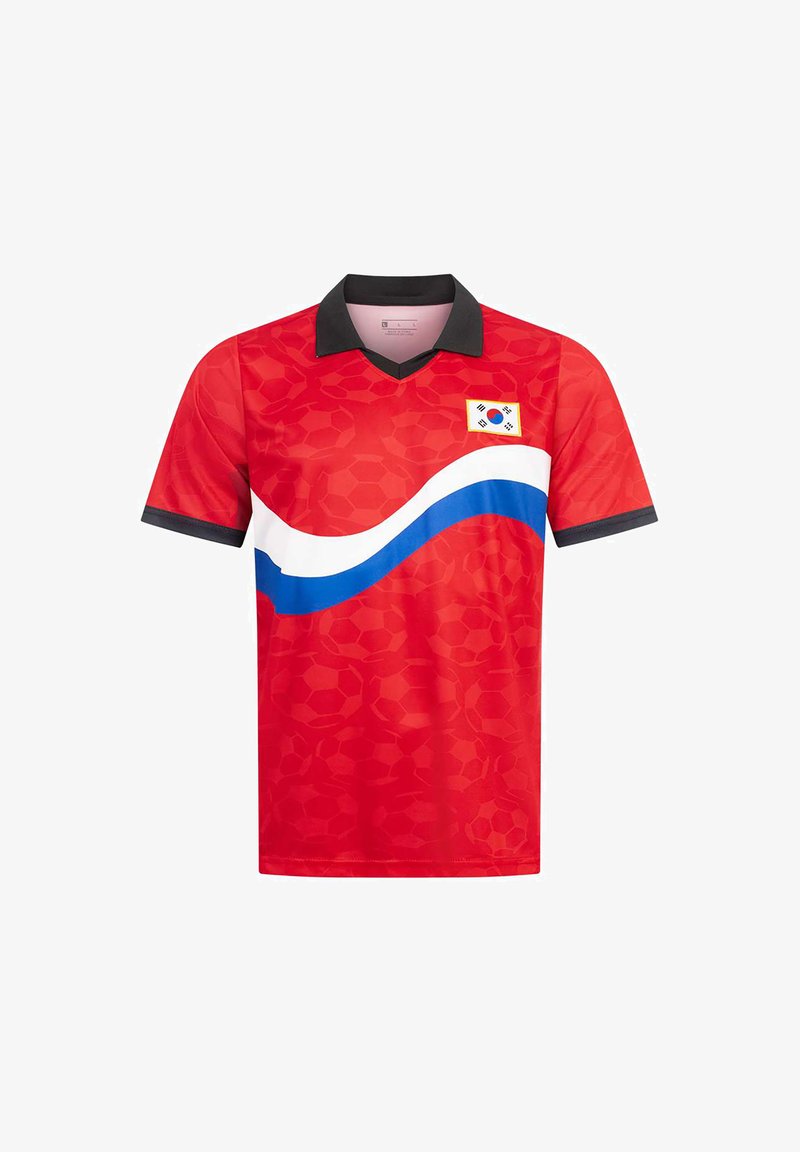 Red short-sleeve soccer jersey with black collar and cuffs, white and blue wavy stripes across front, and South Korean flag on left chest.