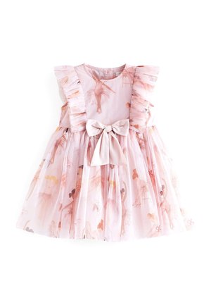 Robe rose sans manches pour tout-petit avec imprimé danseuse de ballet, épaules à volants, jupe froncée et grand nœud avant.