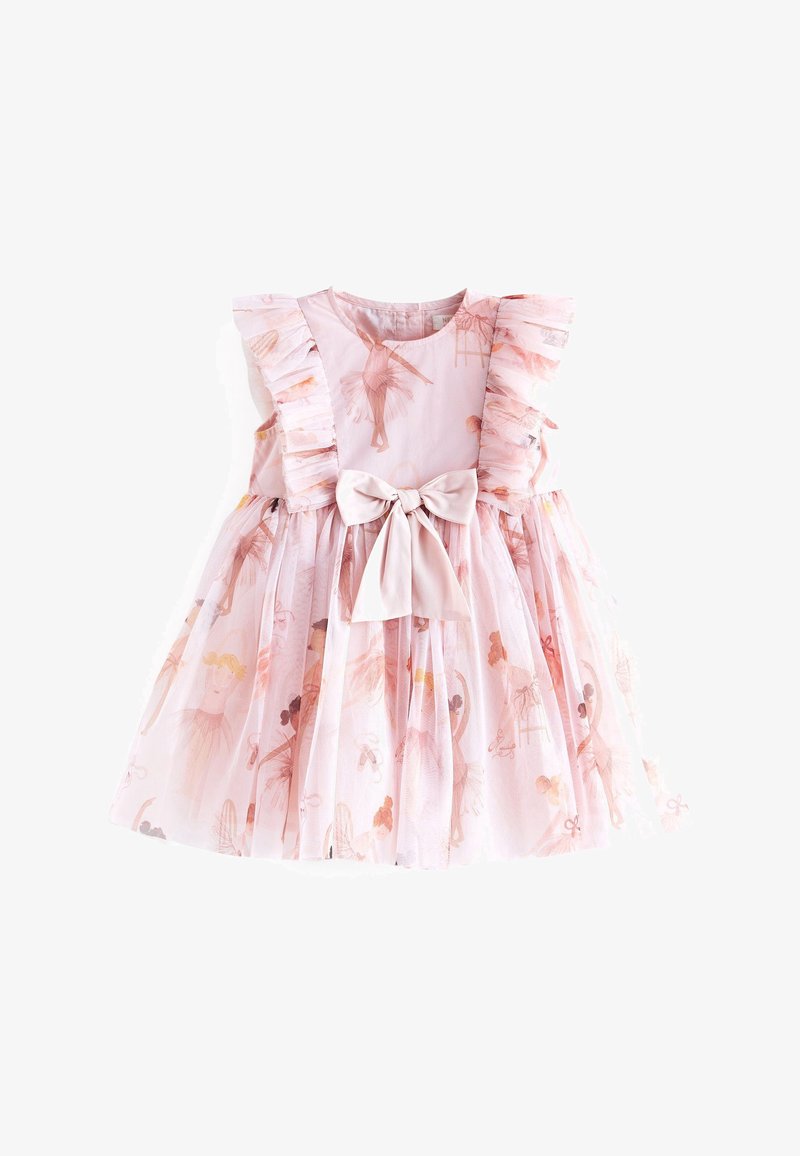 Robe rose sans manches pour tout-petit avec imprimé danseuse de ballet, épaules à volants, jupe froncée et grand nœud avant.