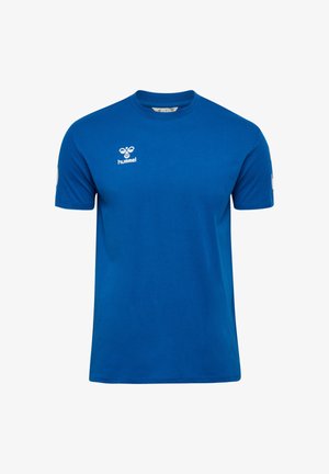 Blaues T-Shirt mit Rundhalsausschnitt, aus Baumwolle gefertigt, mit kurzen Ärmeln. Verfügt über ein weißes Logo auf der Brust und kontrastierende Akzente an den Ärmeln.