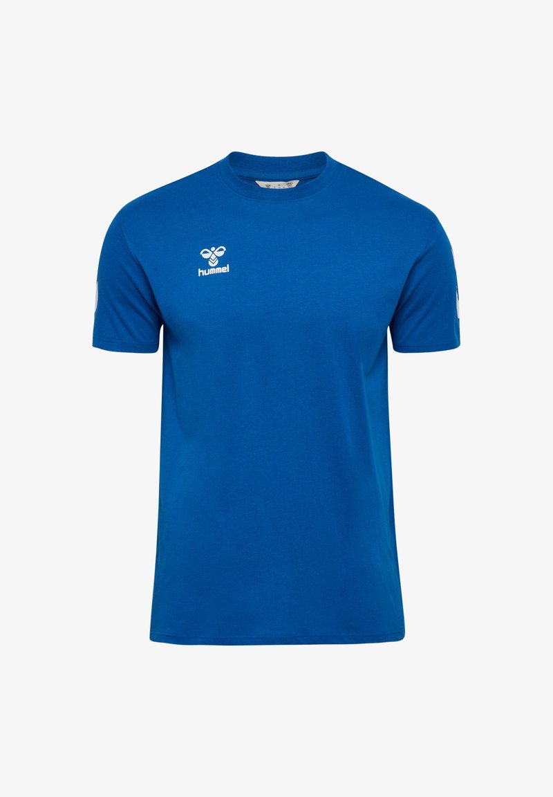 T-shirt bleu à col rond en coton avec manches courtes. Présente un logo blanc sur la poitrine et des accents contrastants sur les manches.
