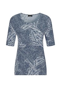 Navyblauwe top met korte mouwen en een wit loofdessin, met een V-hals en zachte stof. De stof heeft een gladde textuur en een ontspannen pasvorm.