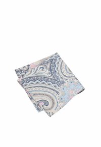 Patterned textile, featuring intricate paisley design in blue, pink, and beige. Soft texture with a square shape, folded neatly.