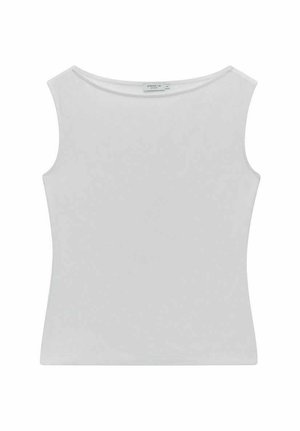 Valkoinen hihaton toppi, jossa on pyöreä pääntie ja tiukka muotoilu. Valmistettu sileästä materiaalista, joissa on minimalistinen ja siisti ilme.