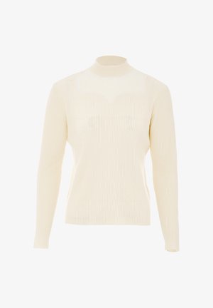 Cream-colored ribbed knit turtleneck sweater with long sleeves and a fitted silhouette, featuring a smooth texture and subtle pattern.